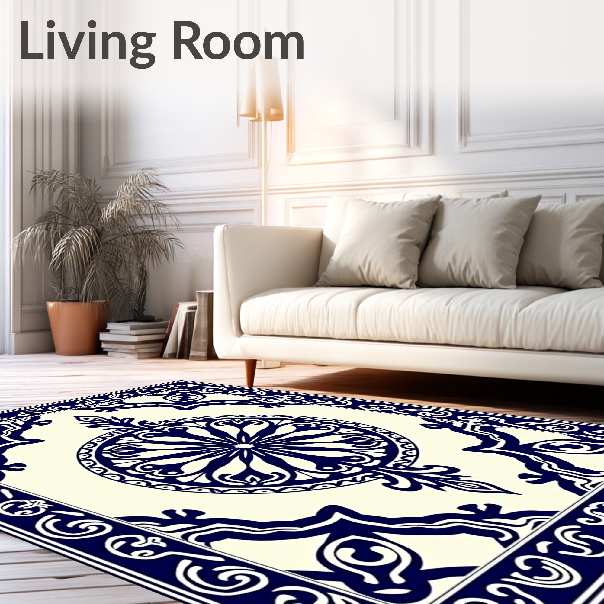Deep Blue Ornate Medallion Border Rug