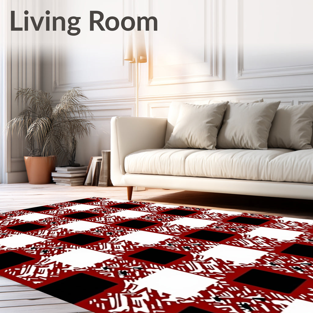 Red White Black Checkered Abstract Squares Rug