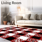 Red White Black Checkered Abstract Squares Rug
