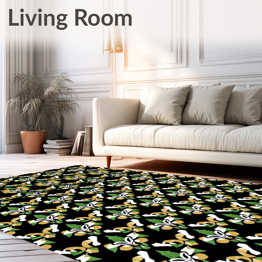Ornate Black White Green Gold Floral Rug