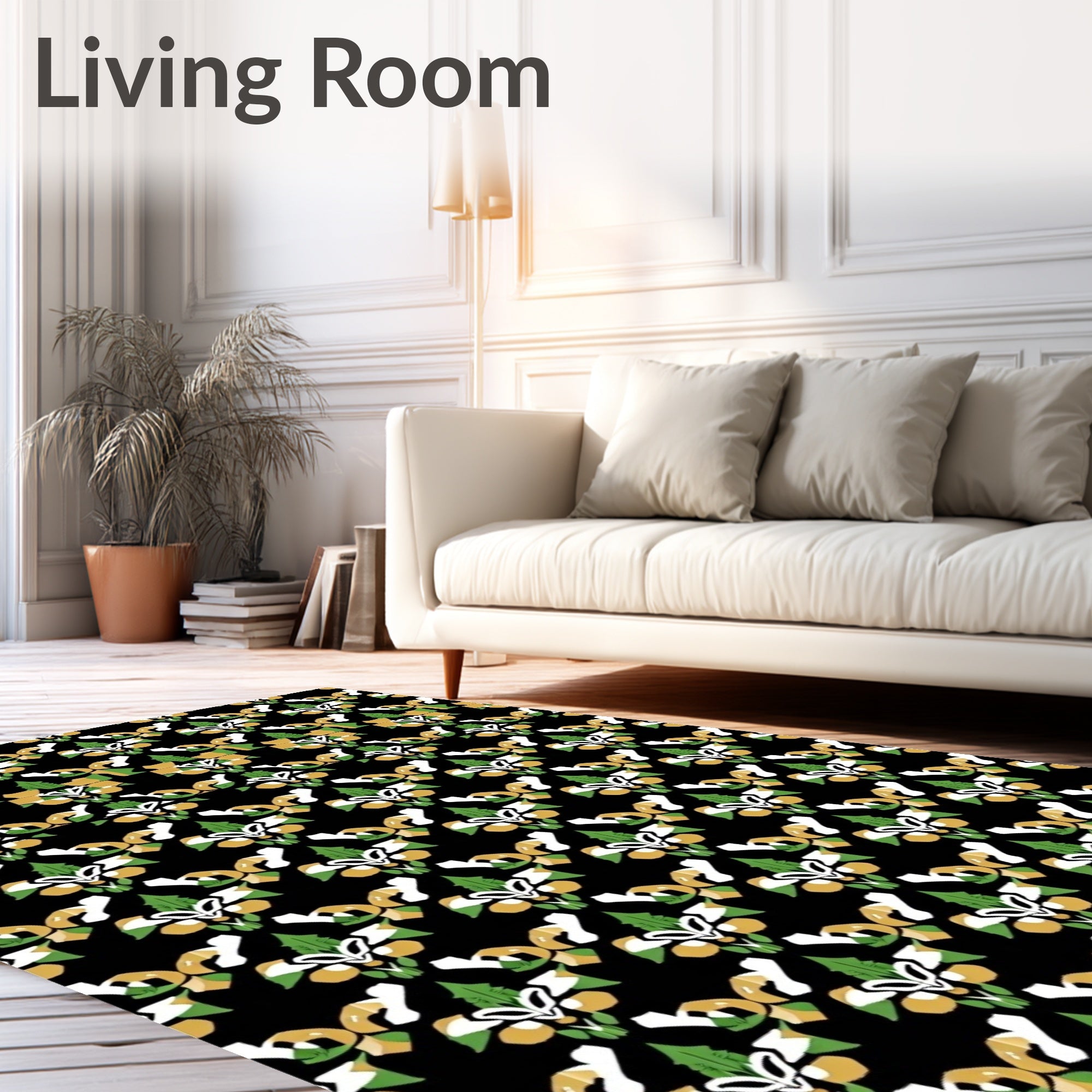 Ornate Black White Green Gold Floral Rug