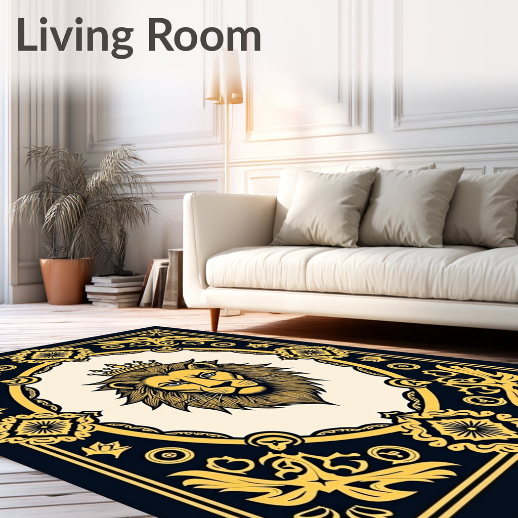 Regal Lion With Crown Black Gold Rug