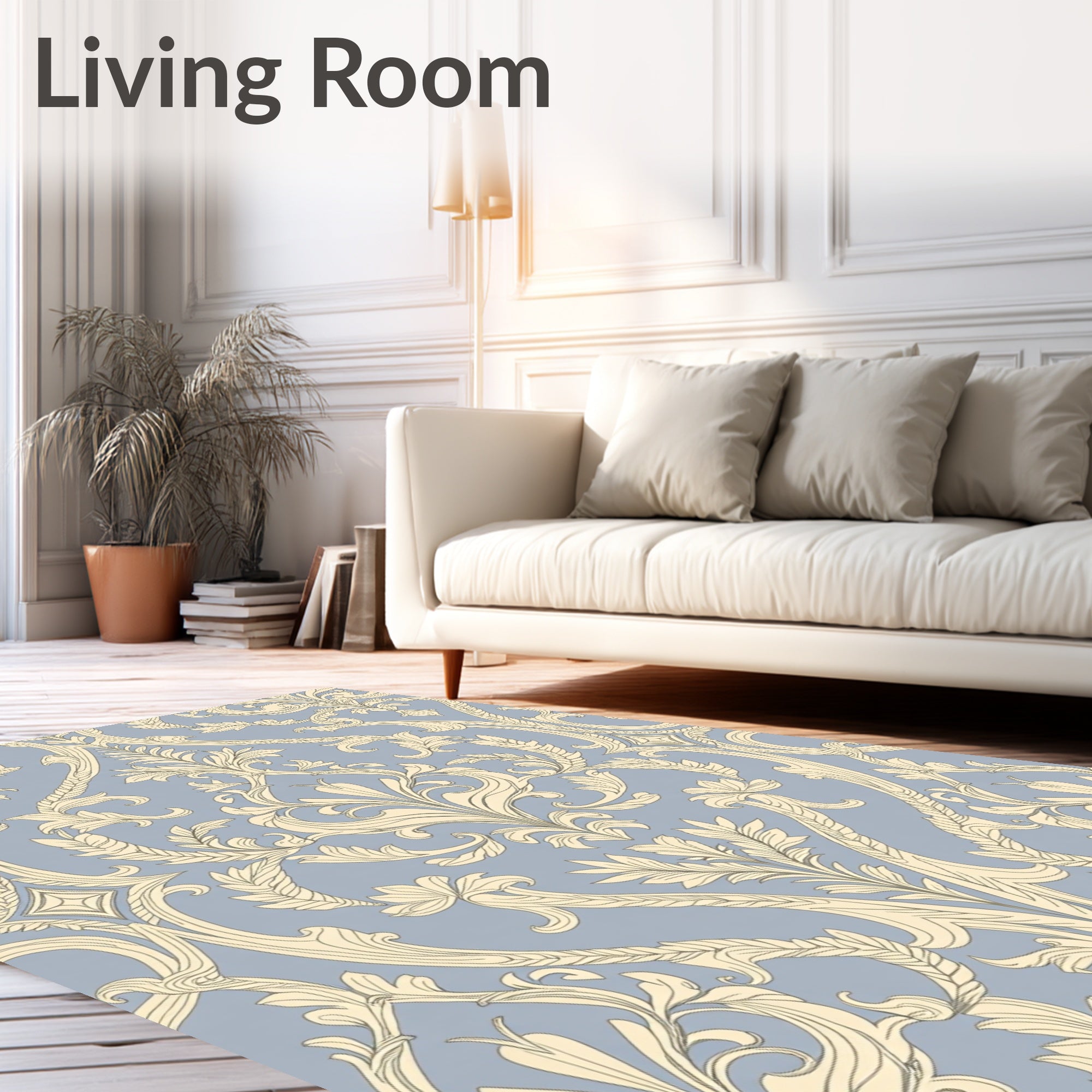 Pale Blue And Cream Damask Scroll Rug