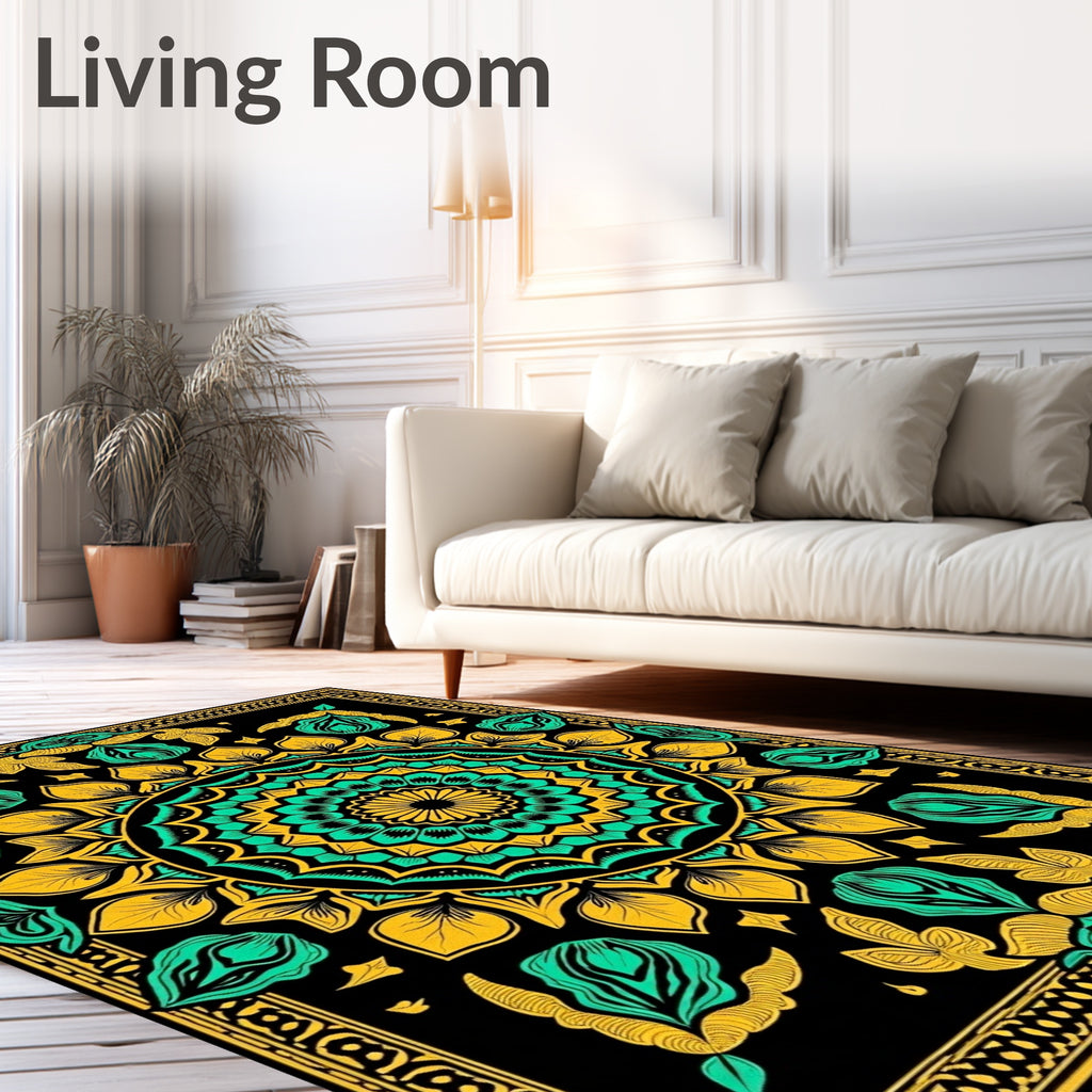 Black Teal Gold Mandala Bloom Rug