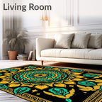 Black Teal Gold Mandala Bloom Rug
