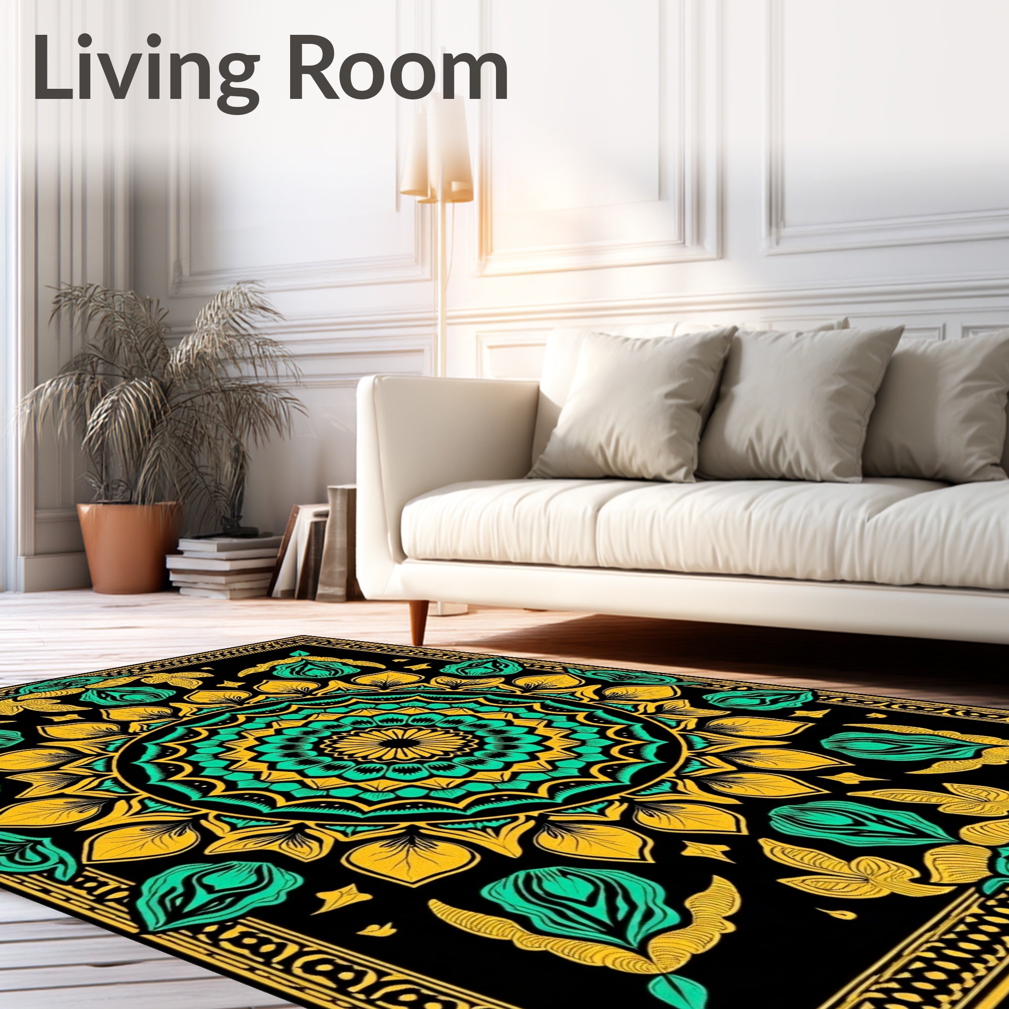 Black Teal Gold Mandala Bloom Rug