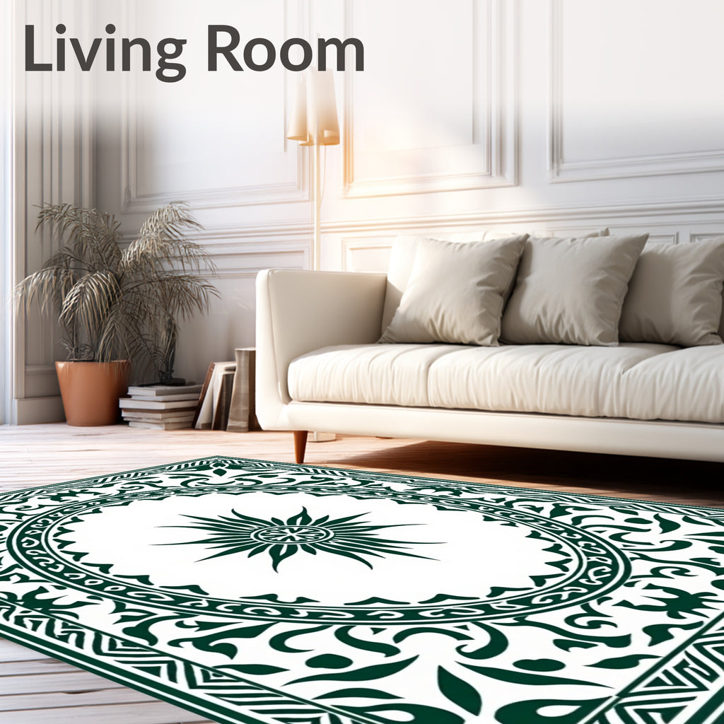 Dark Green Sunburst Medallion Border Rug