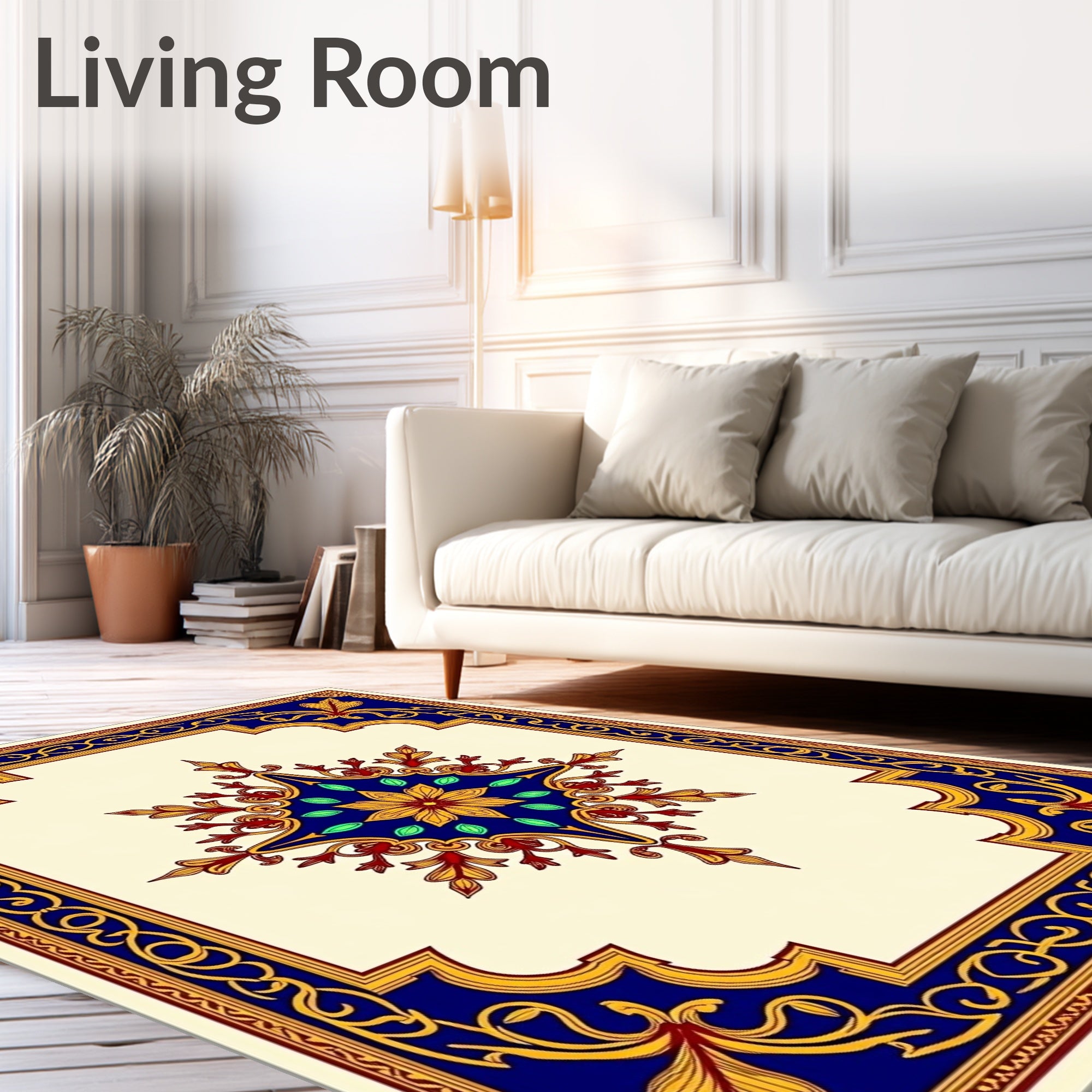 Elegant Navy Gold Floral Medallion Rug
