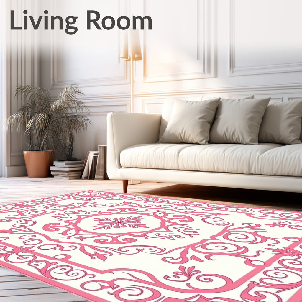 Elegant Pink Floral Vine Border Rug