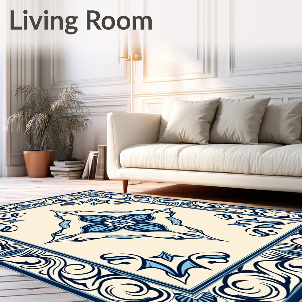 Navy Blue Antique Floral Medallion Tile Rug