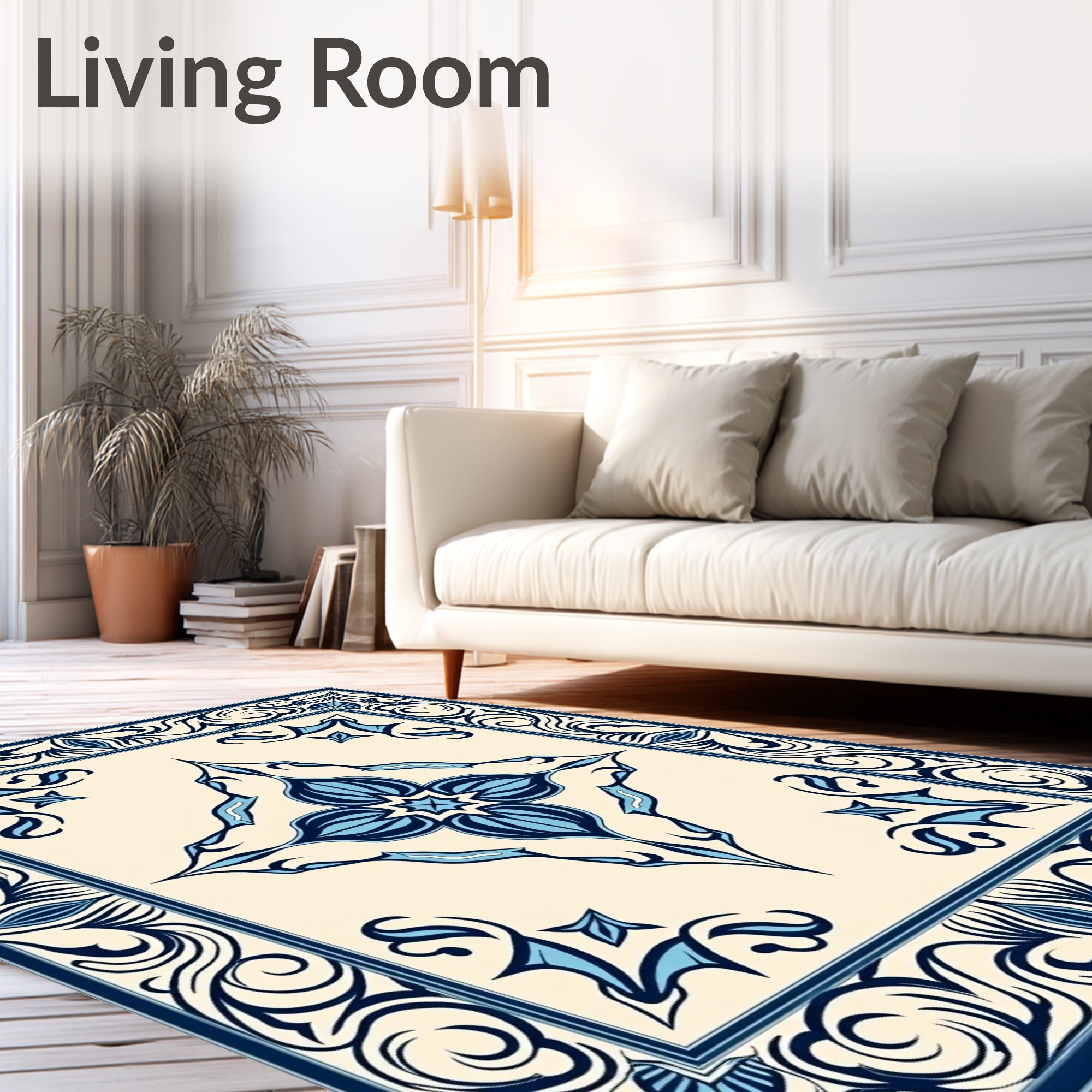 Navy Blue Antique Floral Medallion Tile Rug