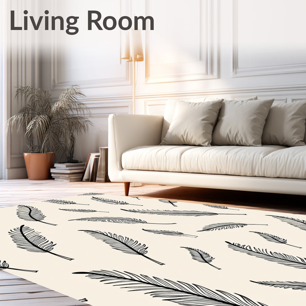Whimsical Black Feather Cream Background Rug