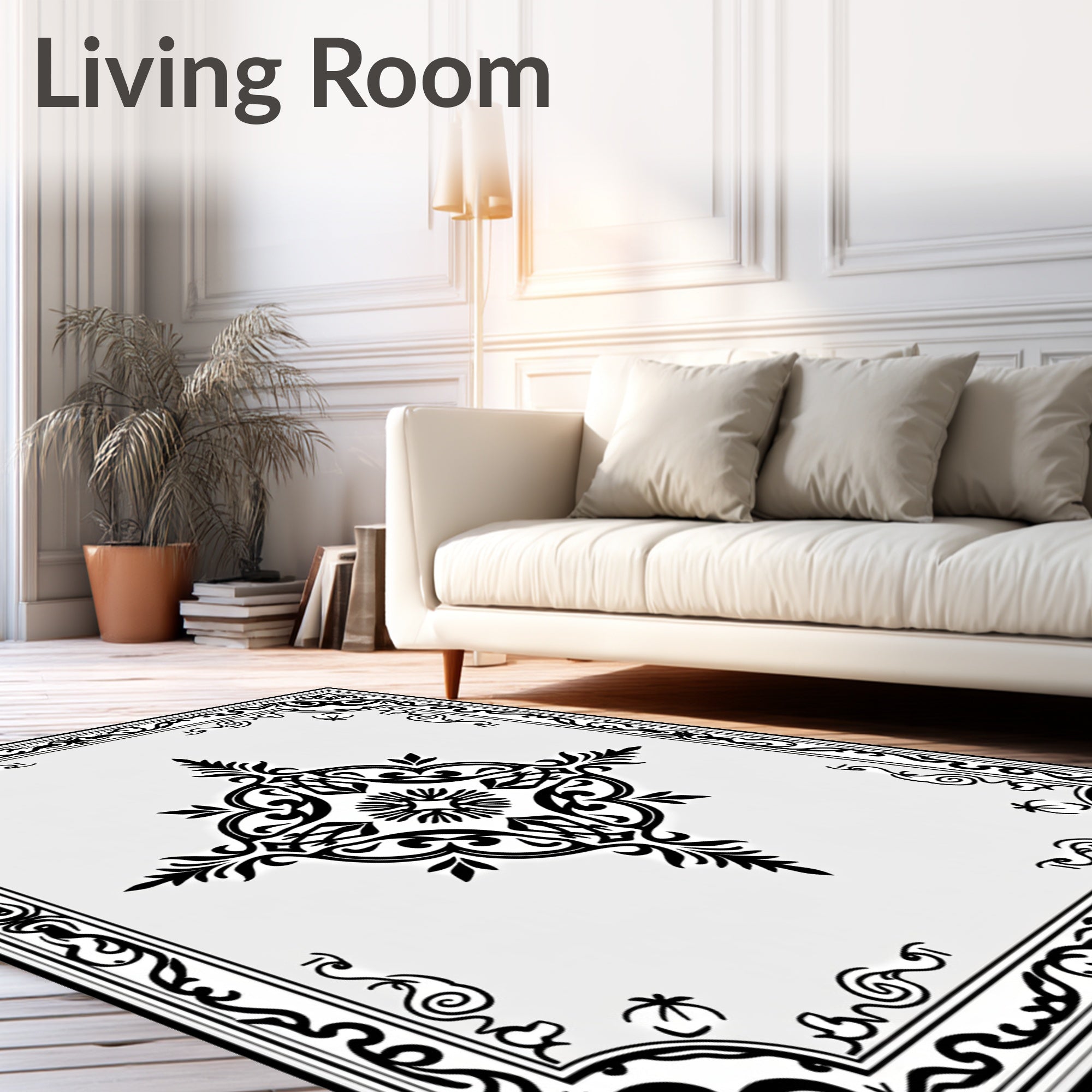 Black Ornate Floral Medallion Border Rug