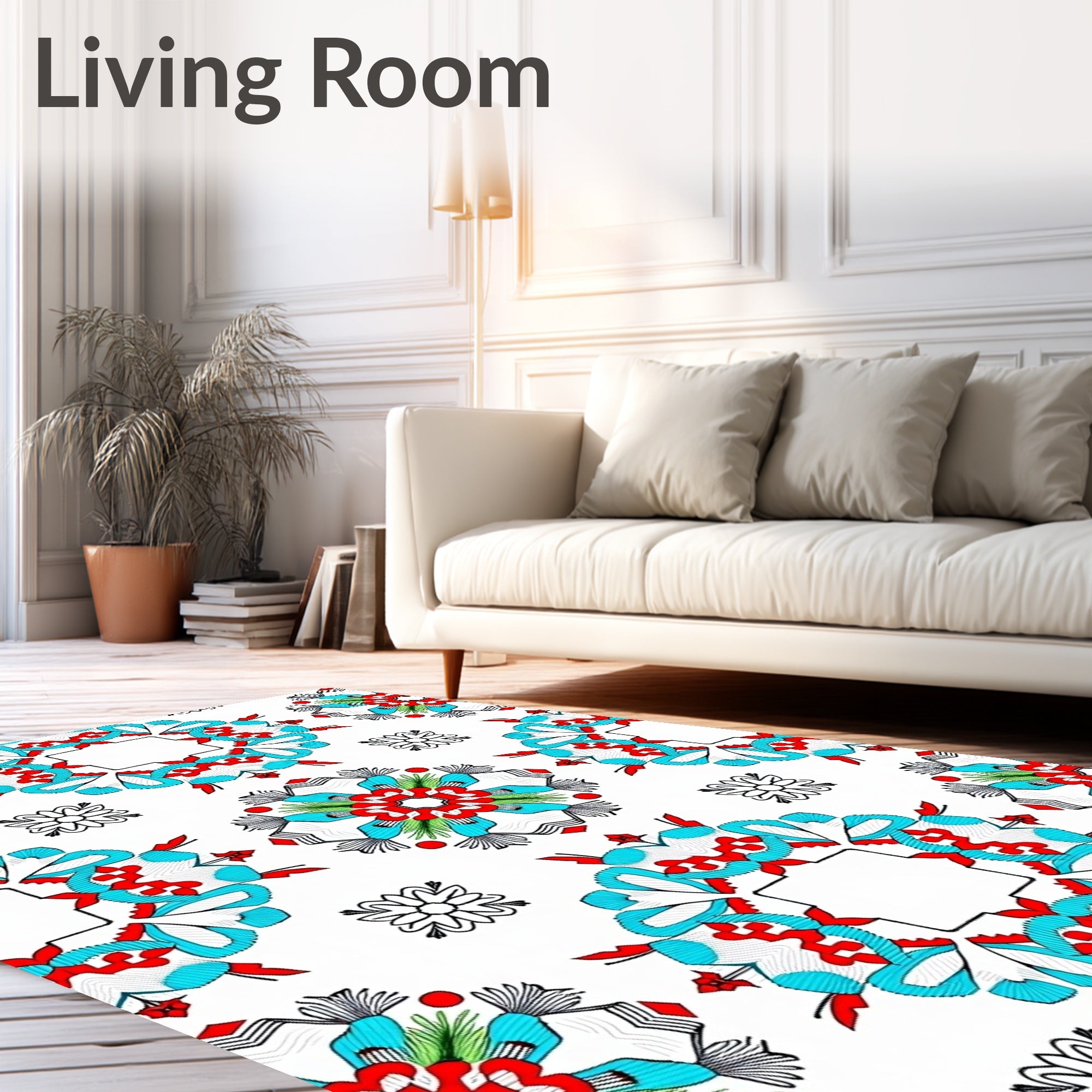 Red Blue Green Floral Mandala Rug