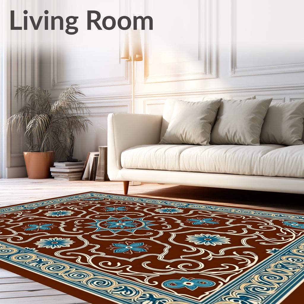 Brown Blue Floral Arabesque Scroll Rug