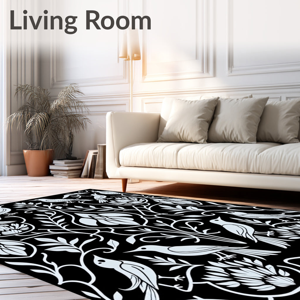 Art Nouveau White Bird Floral Illustration Rug