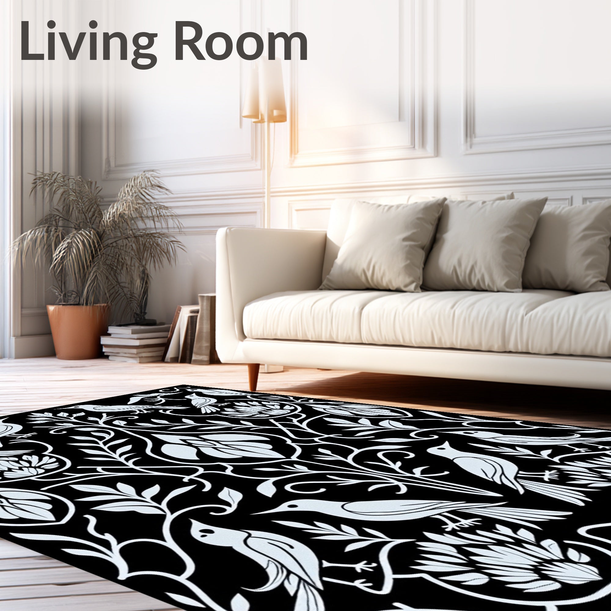 Art Nouveau White Bird Floral Illustration Rug
