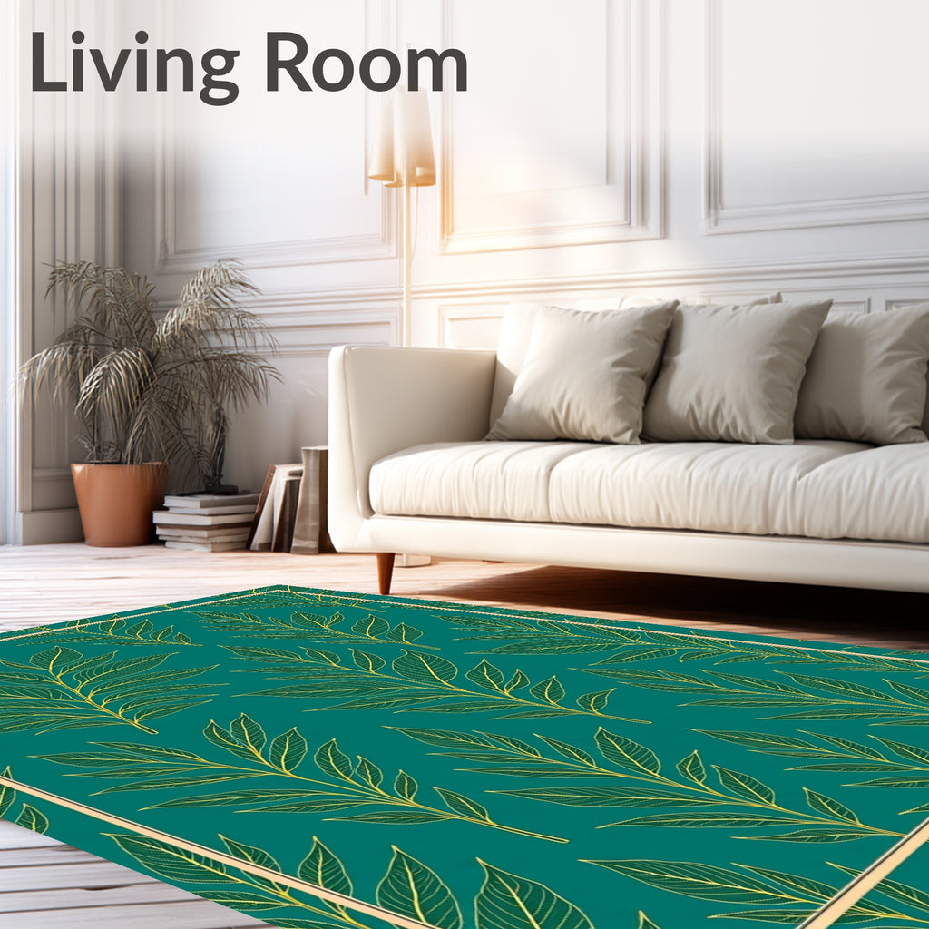 Teal Golden Branch Foliage Art Rug