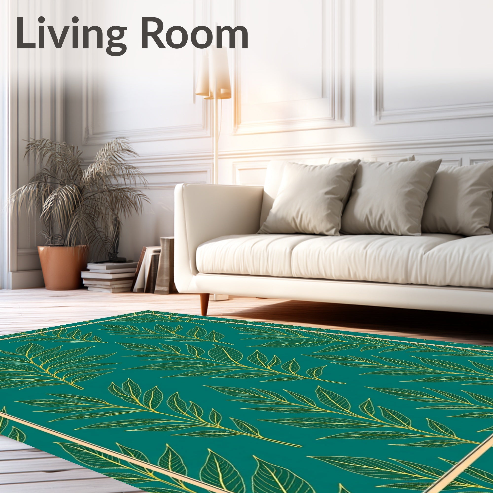 Teal Golden Branch Foliage Art Rug
