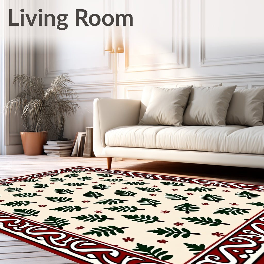 Cream Green Leaf Floral Border Rug