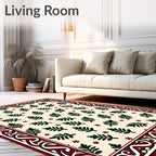 Cream Green Leaf Floral Border Rug
