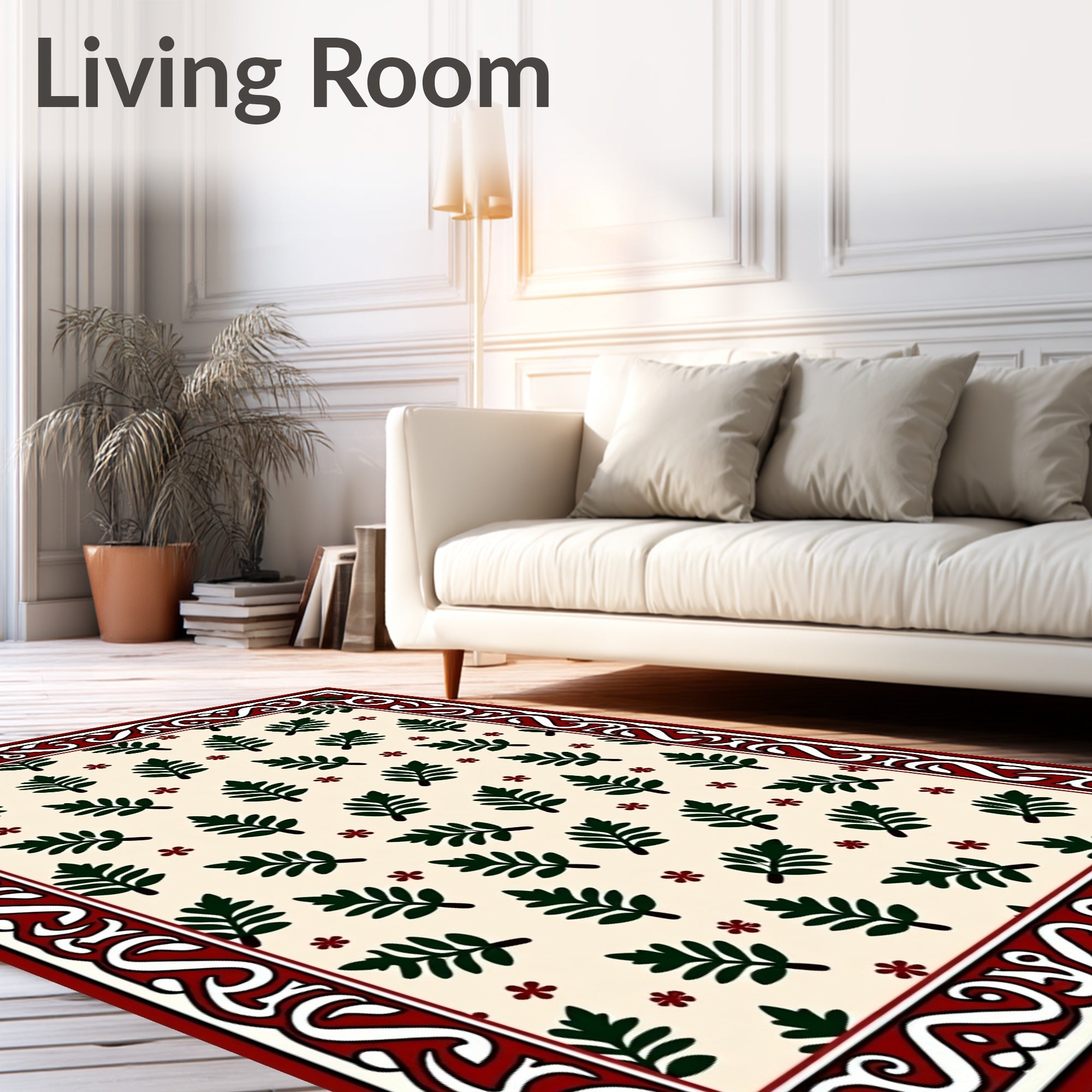 Cream Green Leaf Floral Border Rug