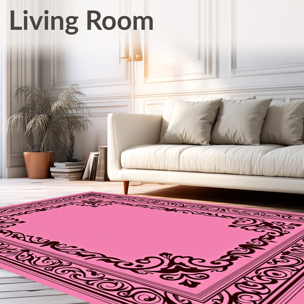Ornate Pink Scrollwork Border Rug