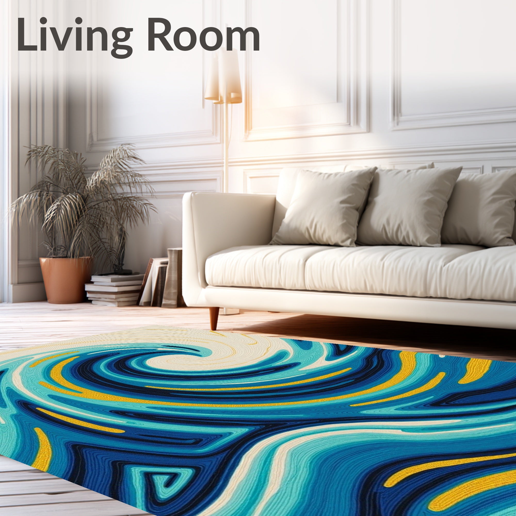 Oceanic Blue Swirl Gold Accents Rug