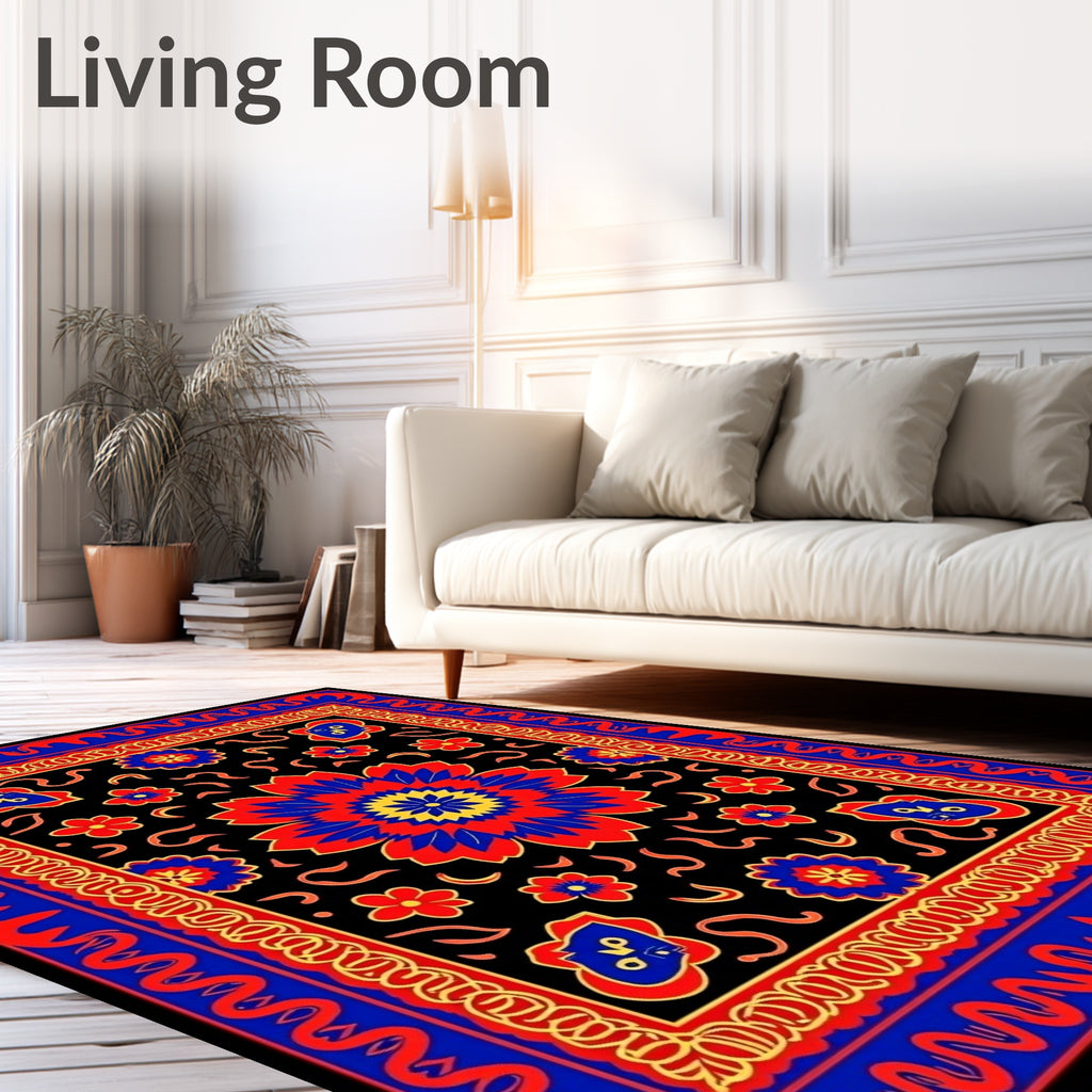 Bold Red Blue Floral Mandala Rug