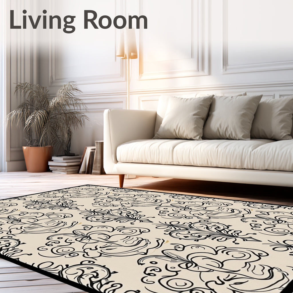 Cream Black Floral Scroll Accents Rug