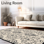 Cream Black Floral Scroll Accents Rug