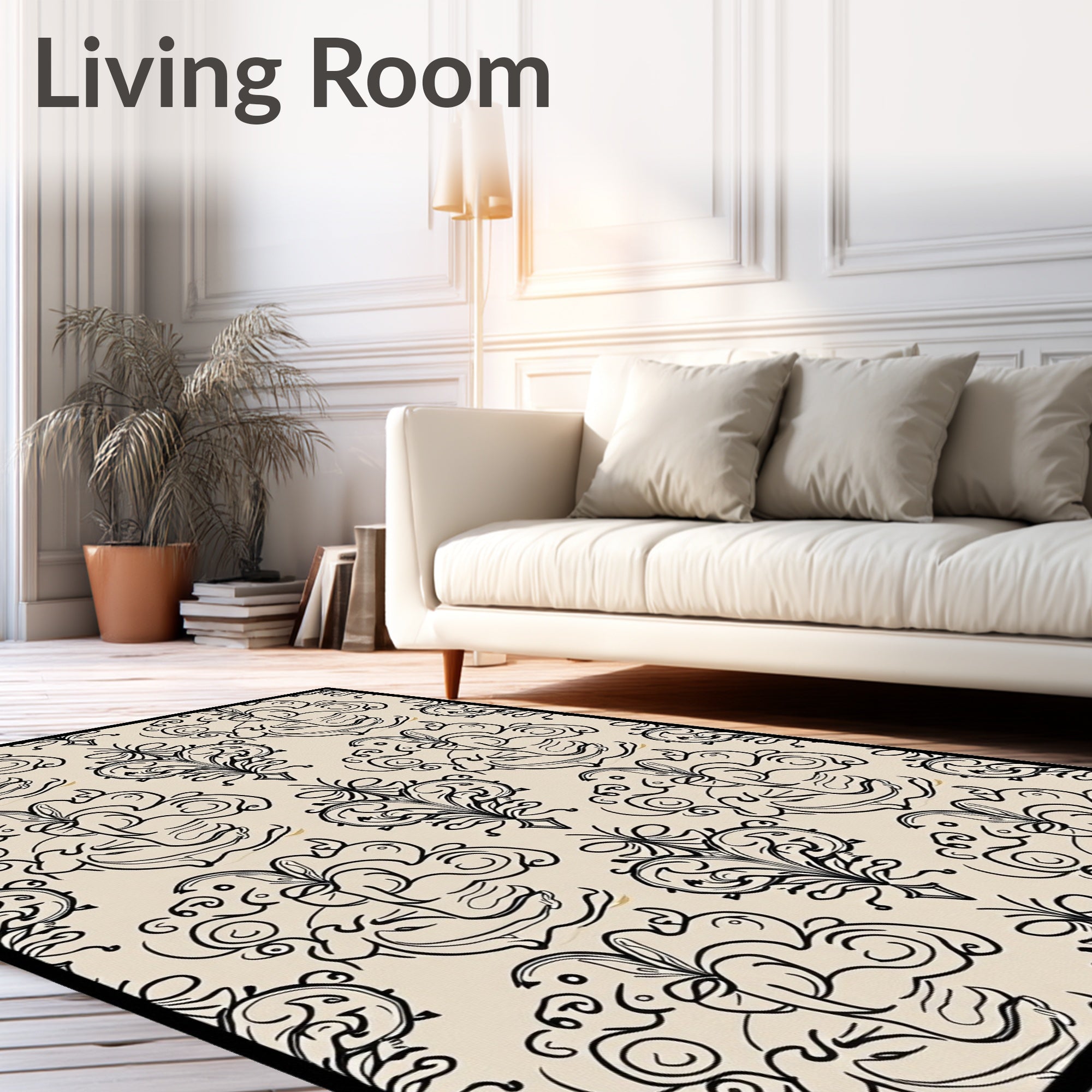 Cream Black Floral Scroll Accents Rug