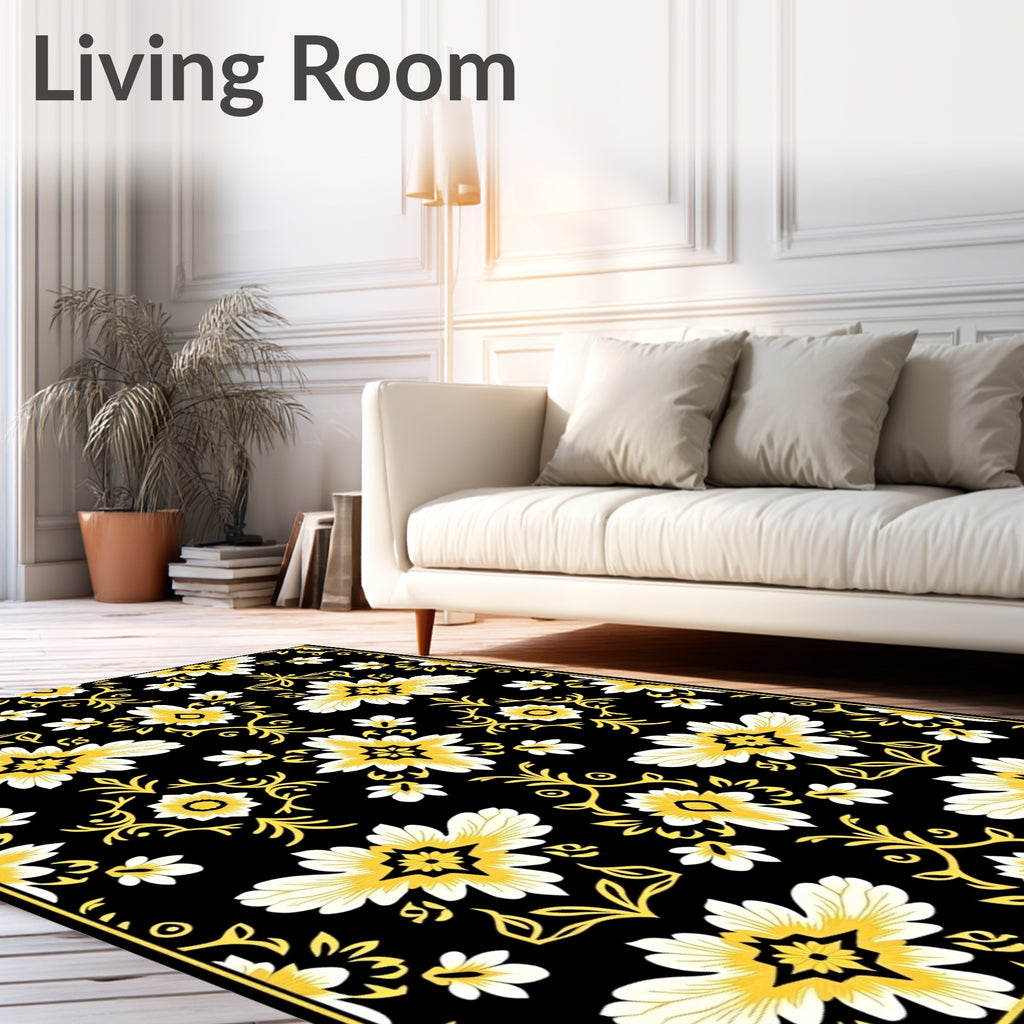Black And Yellow Floral Medallion Rug