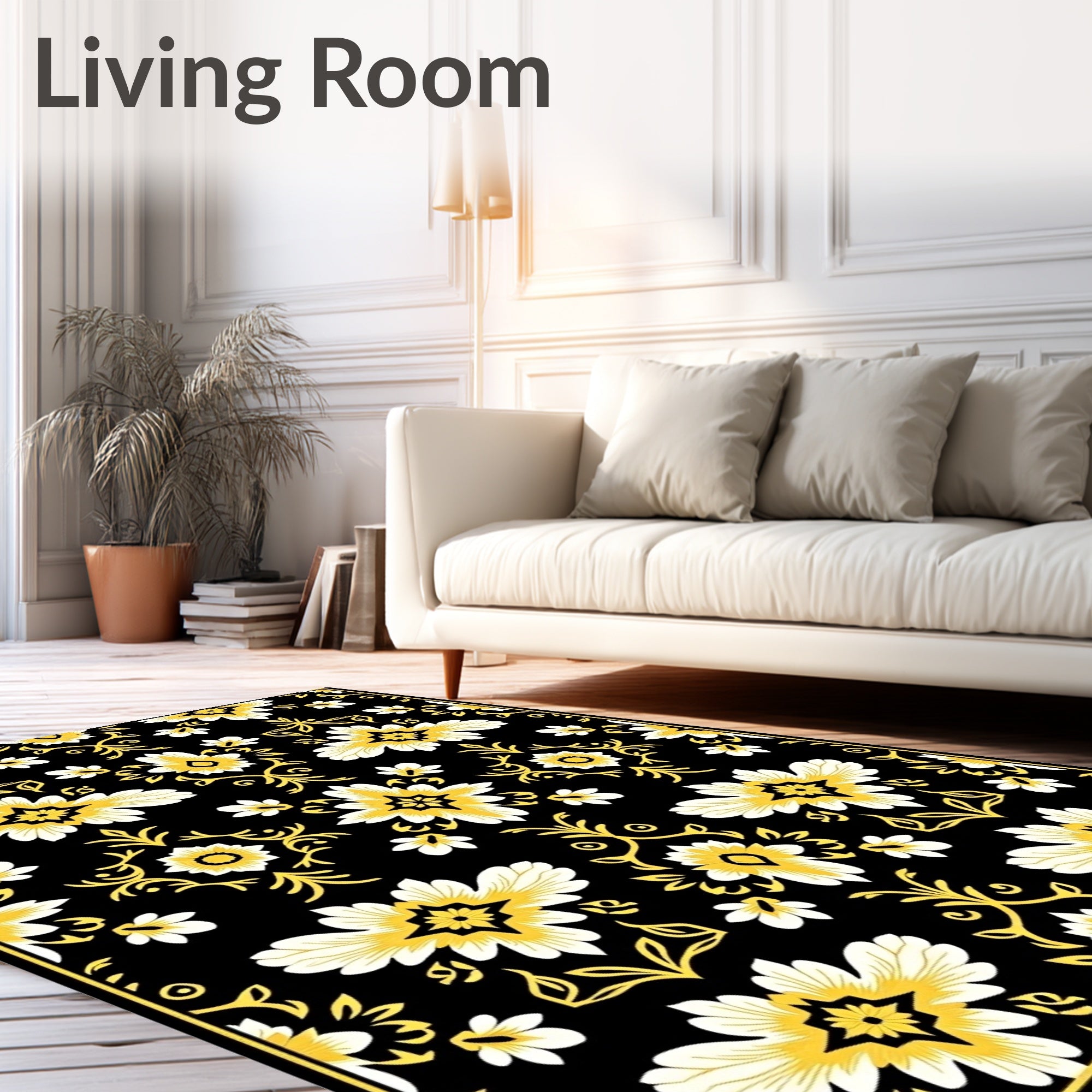 Black And Yellow Floral Medallion Rug