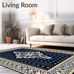 Navy Ivory Floral Medallion Border Rug