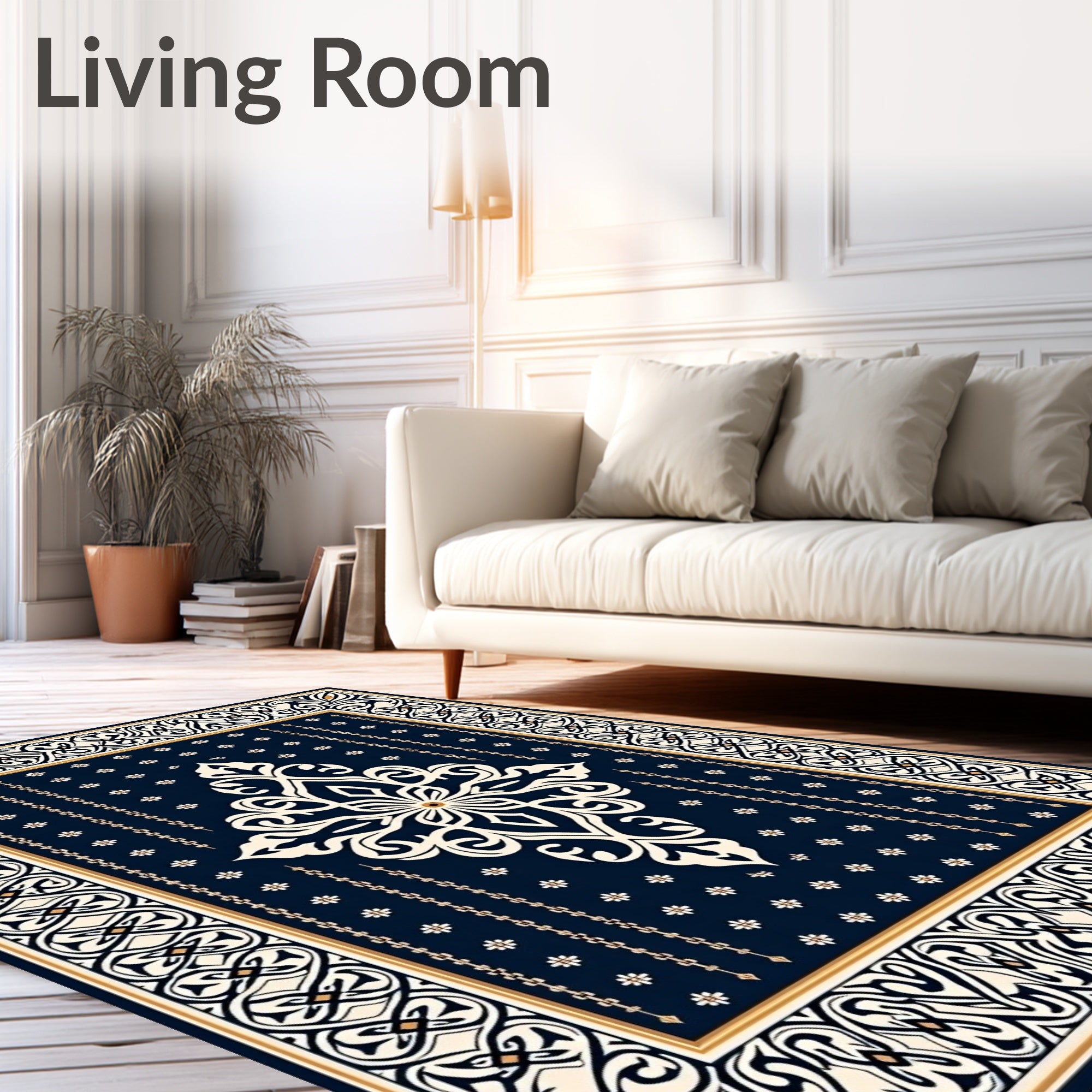 Navy Ivory Floral Medallion Border Rug