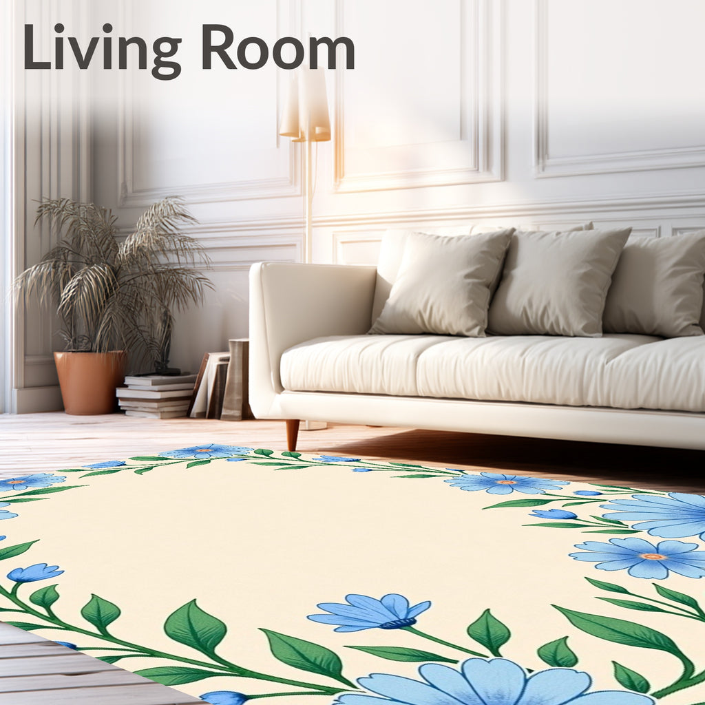 Large Blue Floral Vines Cream Rug