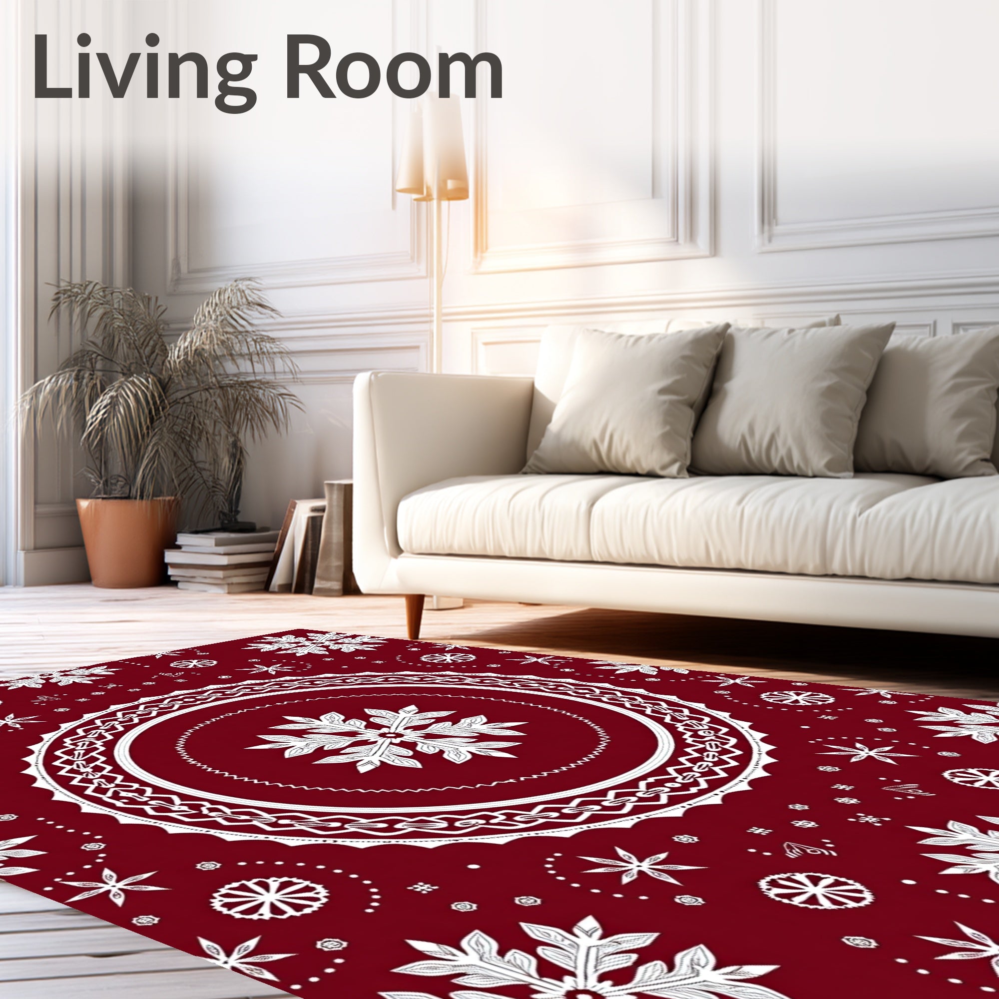 Deep Red White Snowflake Medallion Rug
