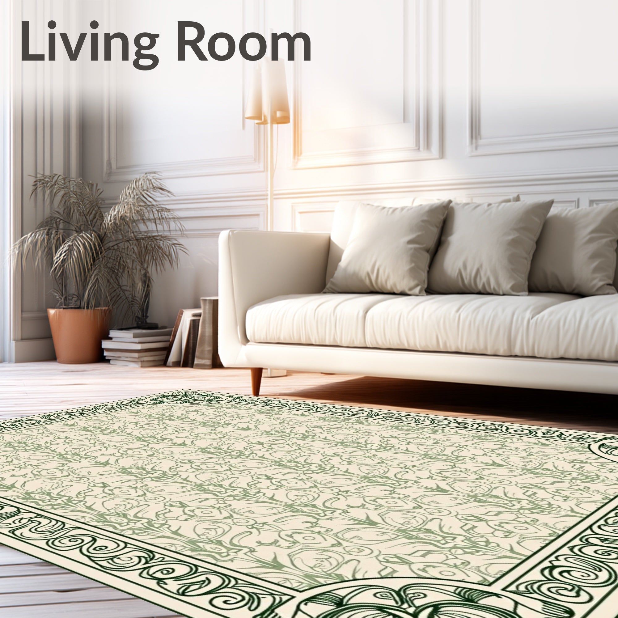 Ornate Cream Green Floral Border Rug