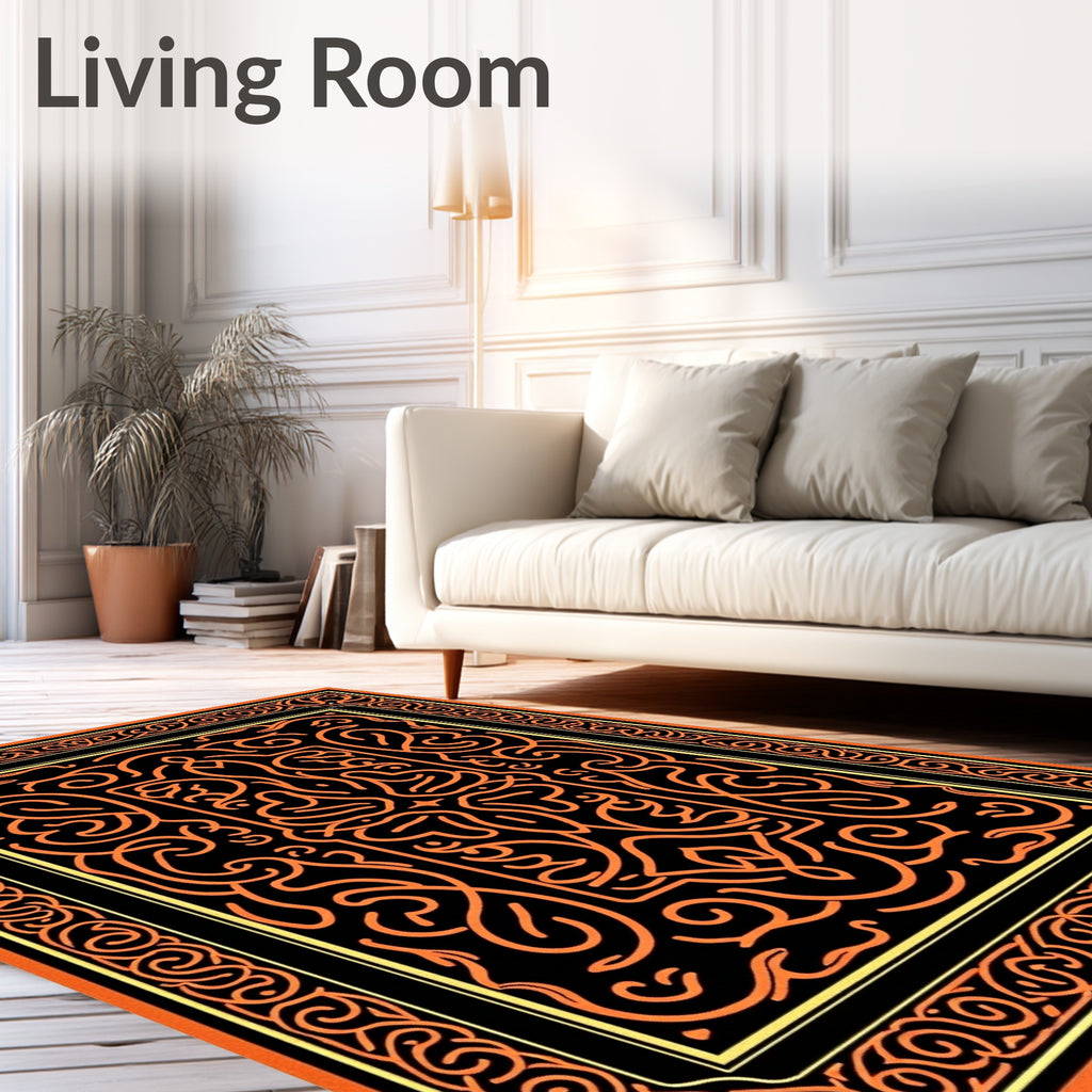 Black Orange Intricate Scrollwork Frame Rug