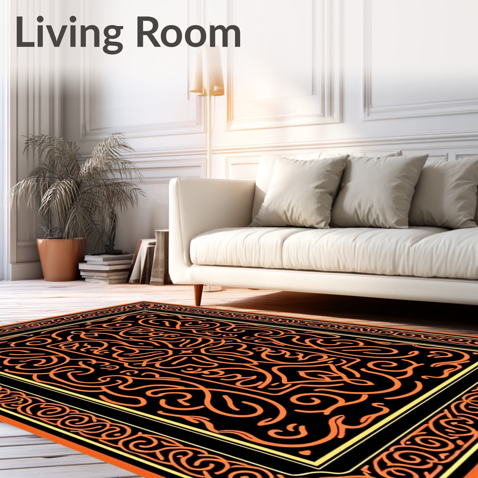 Black Orange Intricate Scrollwork Frame Rug
