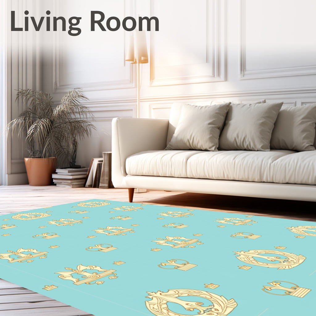 Golden Crown Medallion Aqua Background Rug