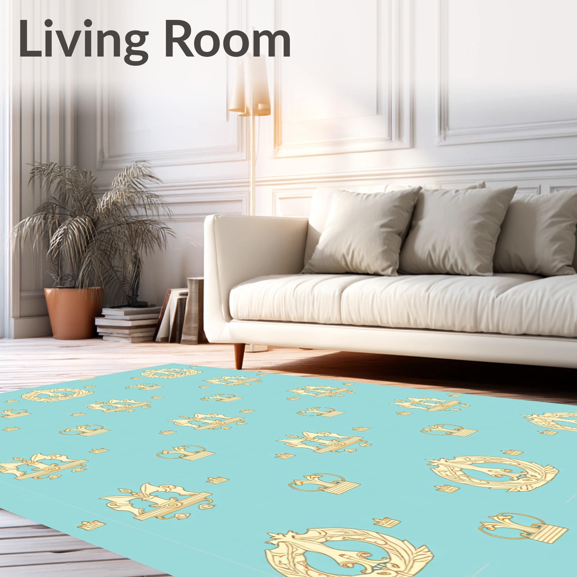 Golden Crown Medallion Aqua Background Rug