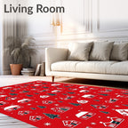 Crimson White Village Trees Snowflakes Rug