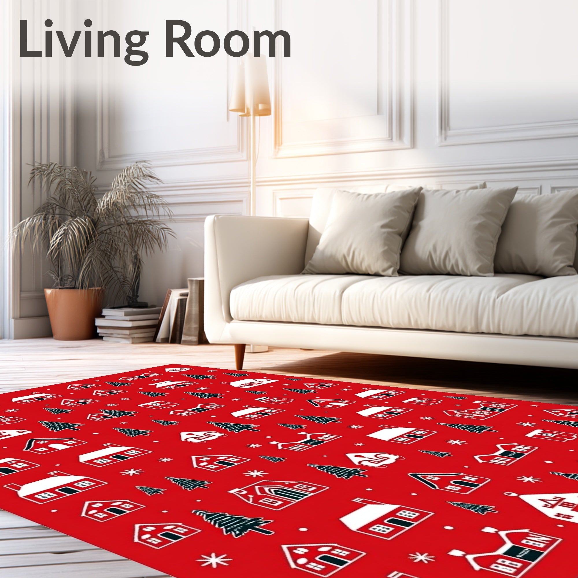 Crimson White Village Trees Snowflakes Rug