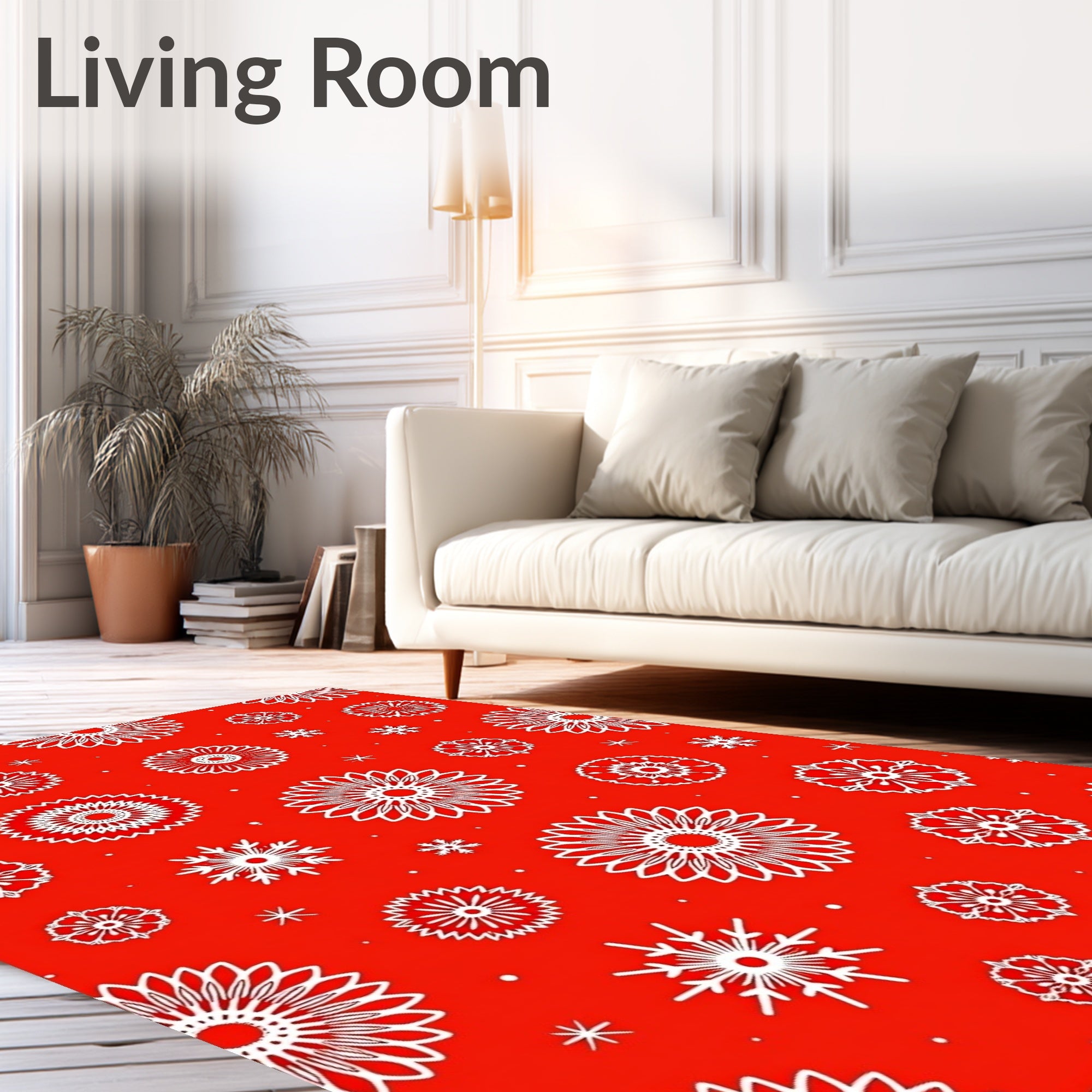 Bright Red White Floral Snowflakes Rug