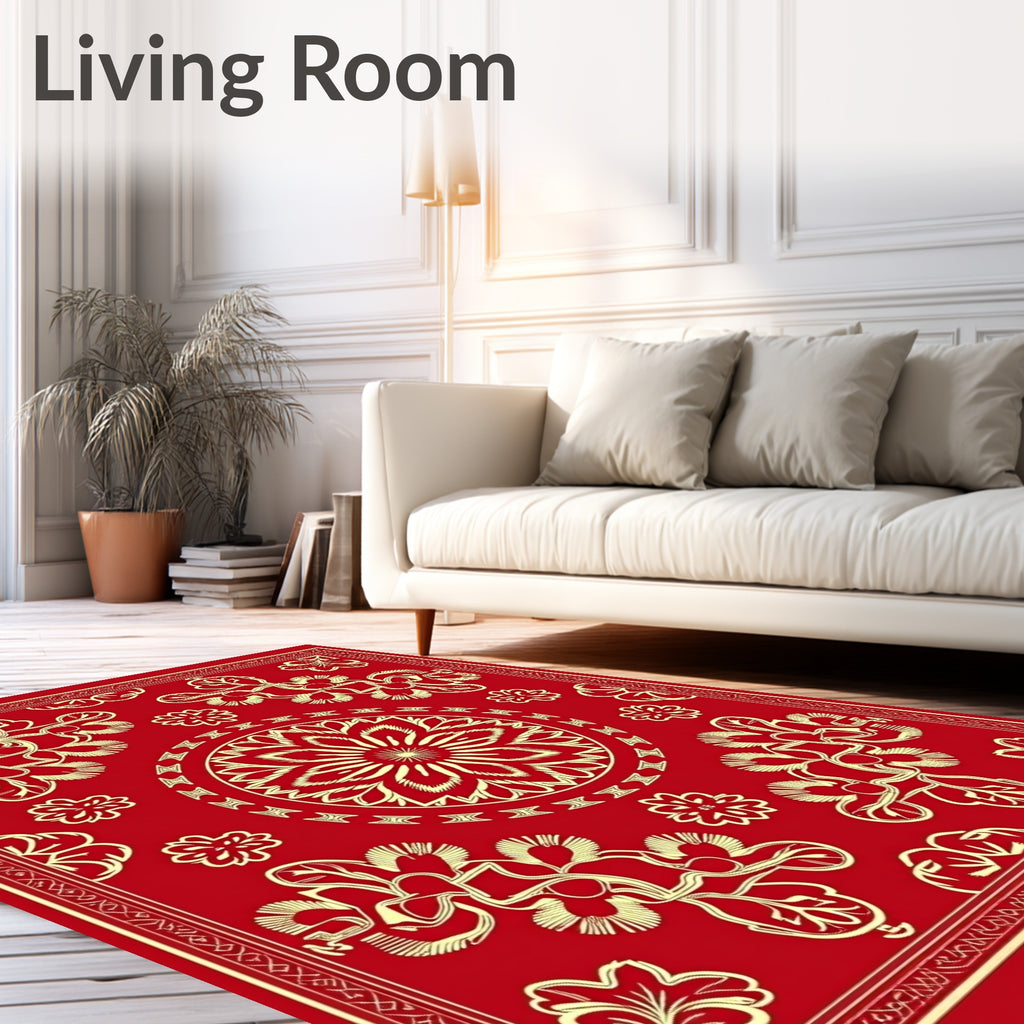 Crimson Golden Floral Mandala Medallion Rug