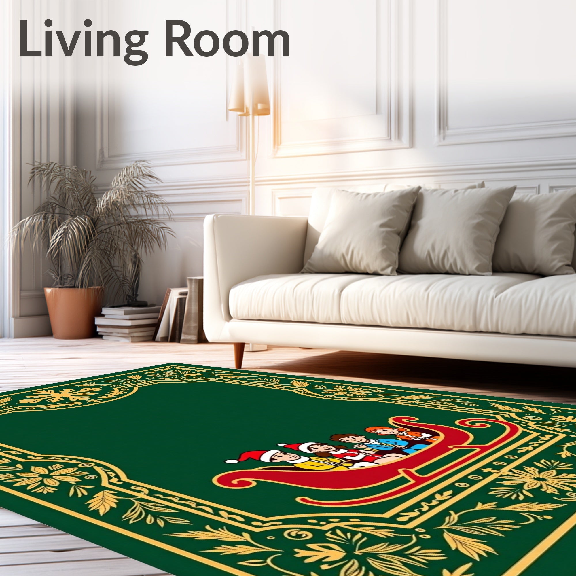 Festive Green Gold Sleigh Children Border Rug
