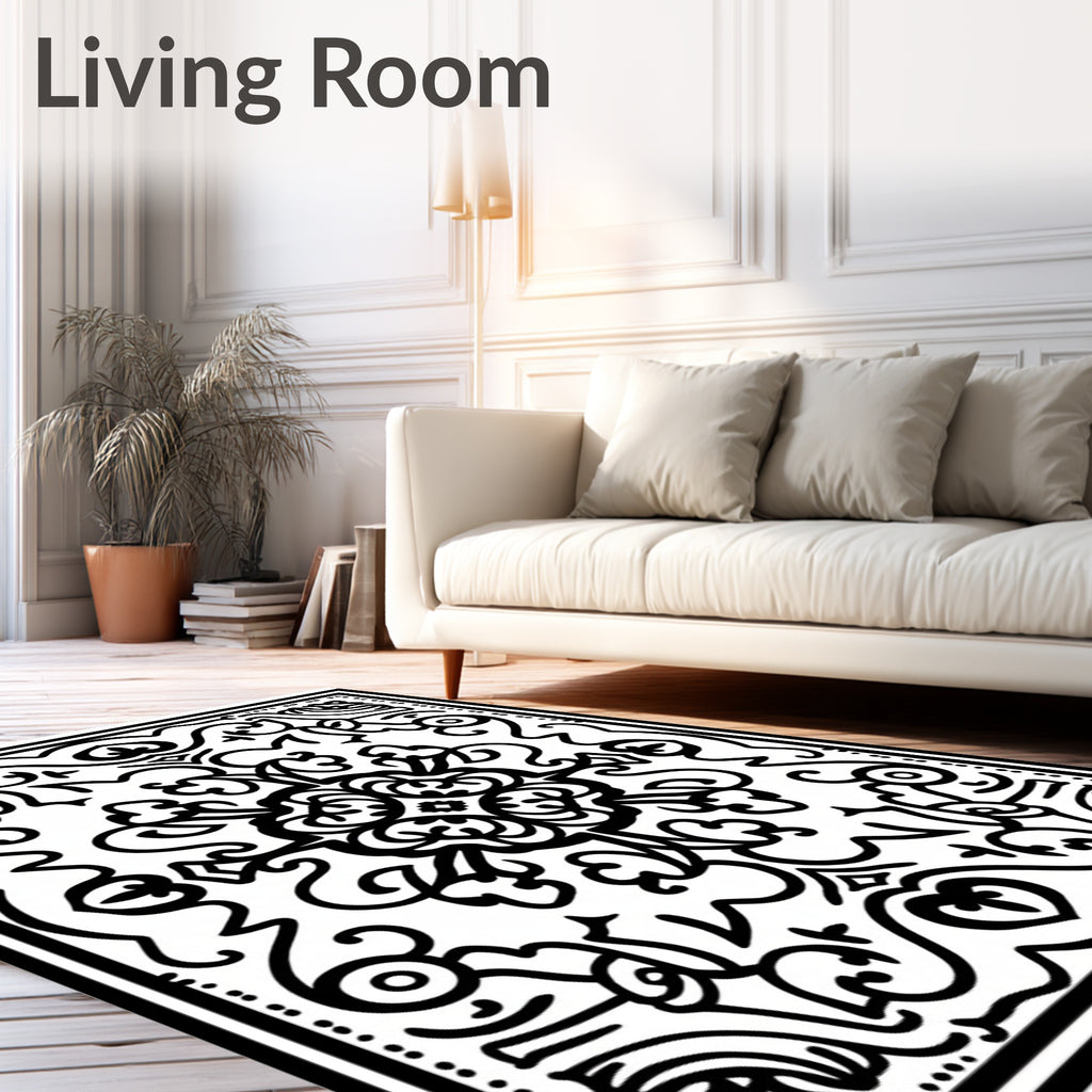 Black White Scrollwork Medallion Rug