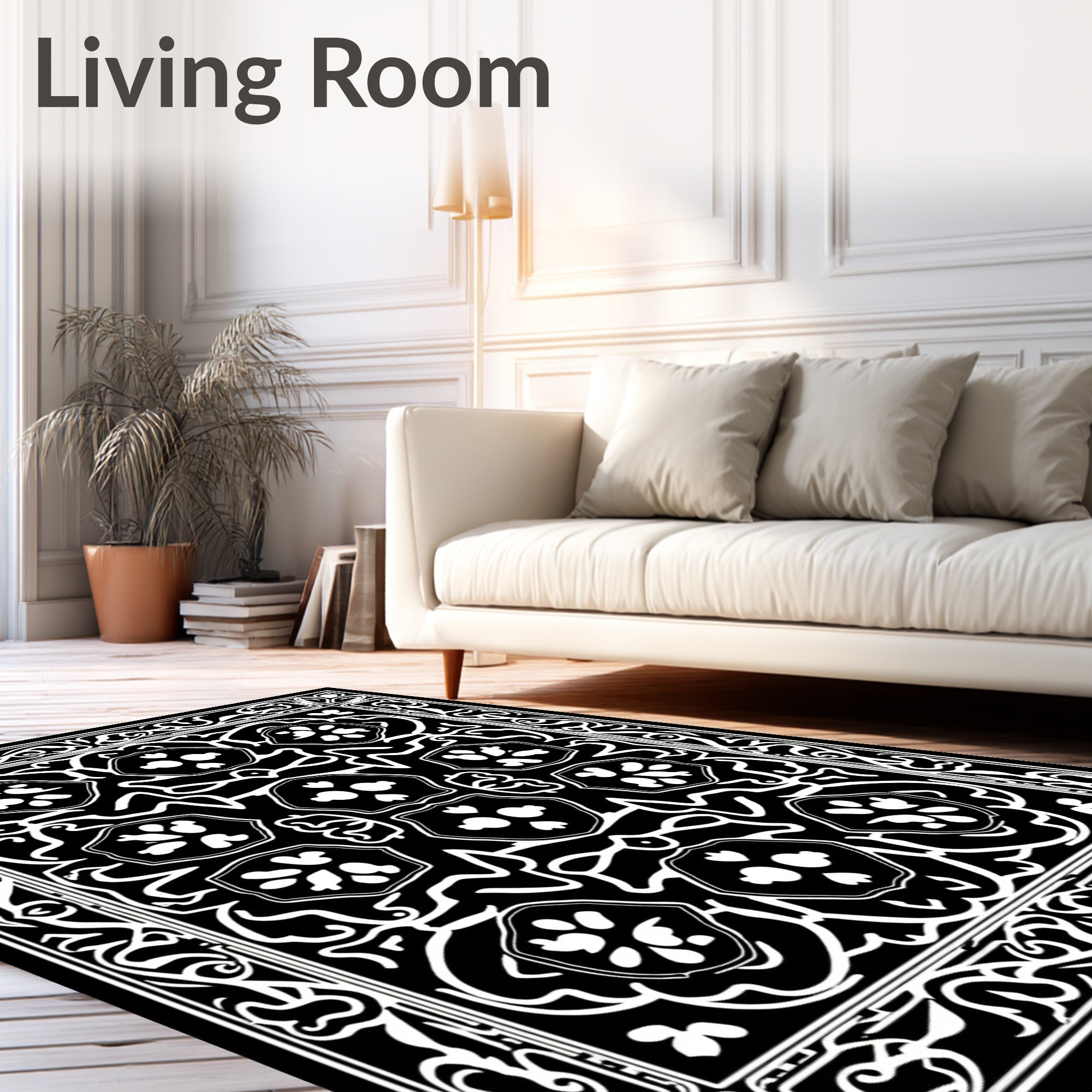 Black White Intricate Floral Medallion Rug
